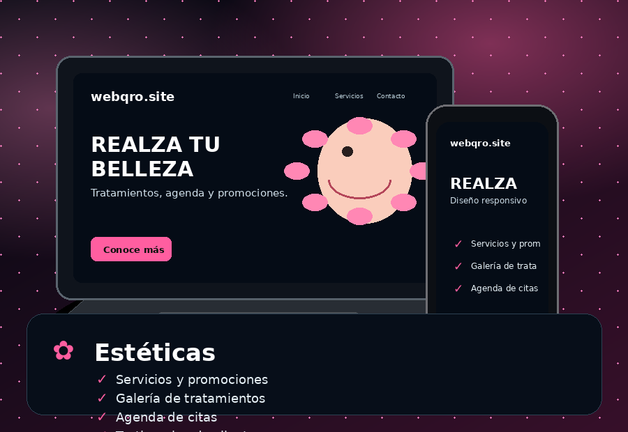 Mini portada de sitio web para estética en laptop y celular