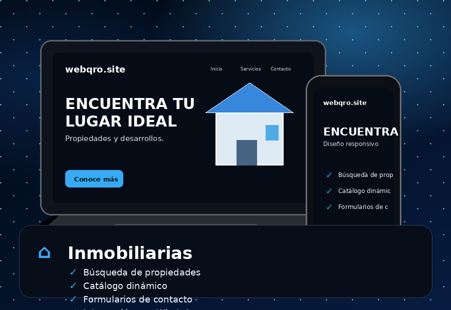 Mini portada de sitio web inmobiliario en laptop y celular
