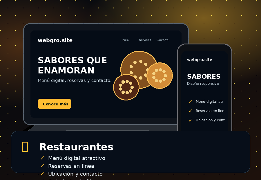 Mini portada de sitio web para restaurantes en laptop y celular
