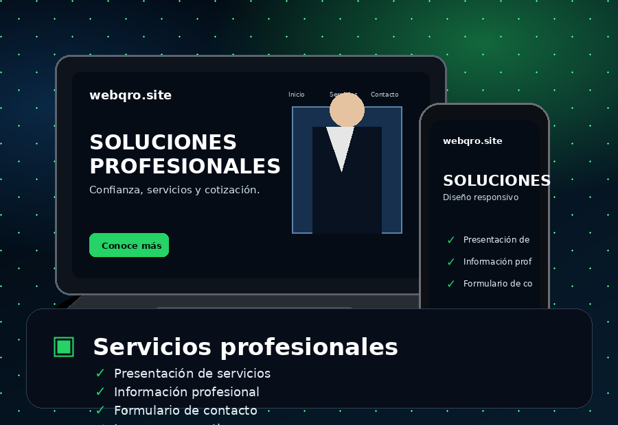 Mini portada de sitio web para servicios profesionales en laptop y celular